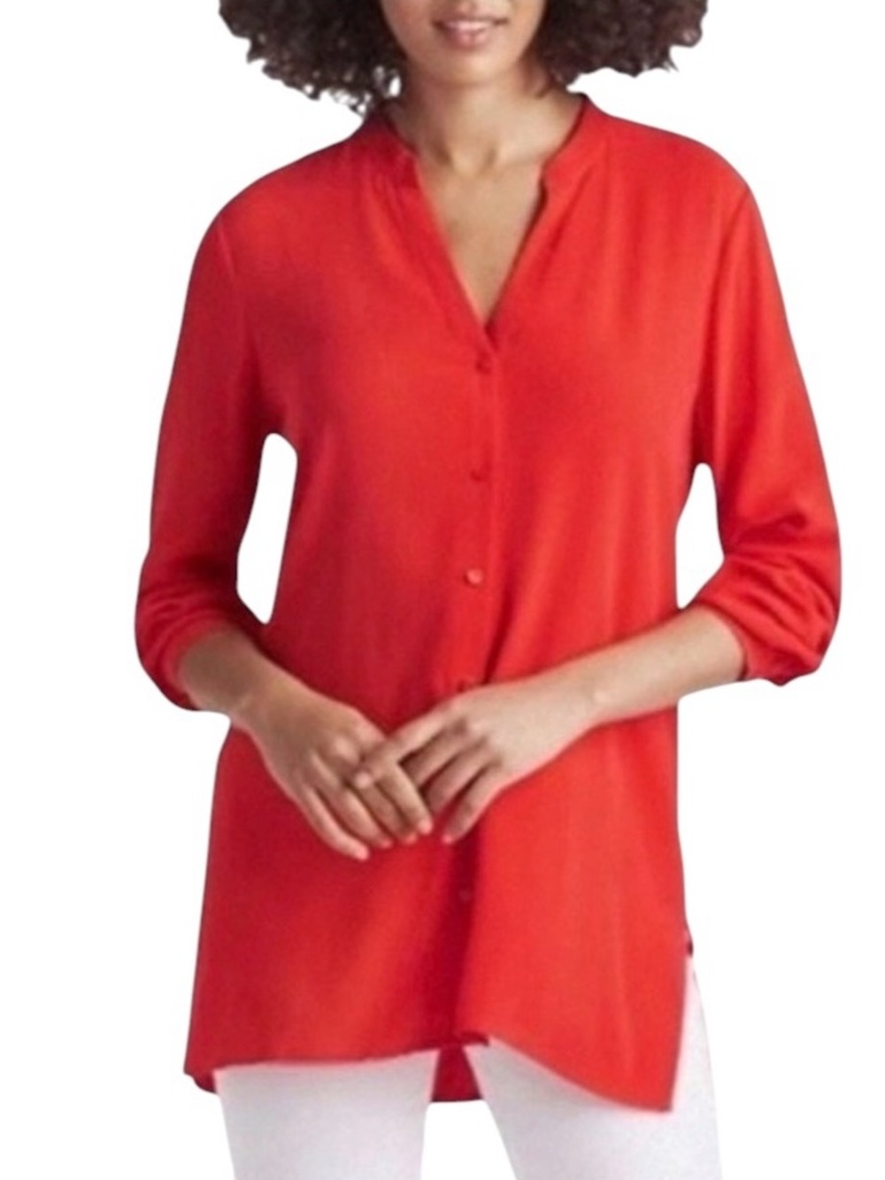 Eileen Fisher silk long sleeve button down long top size L good condition